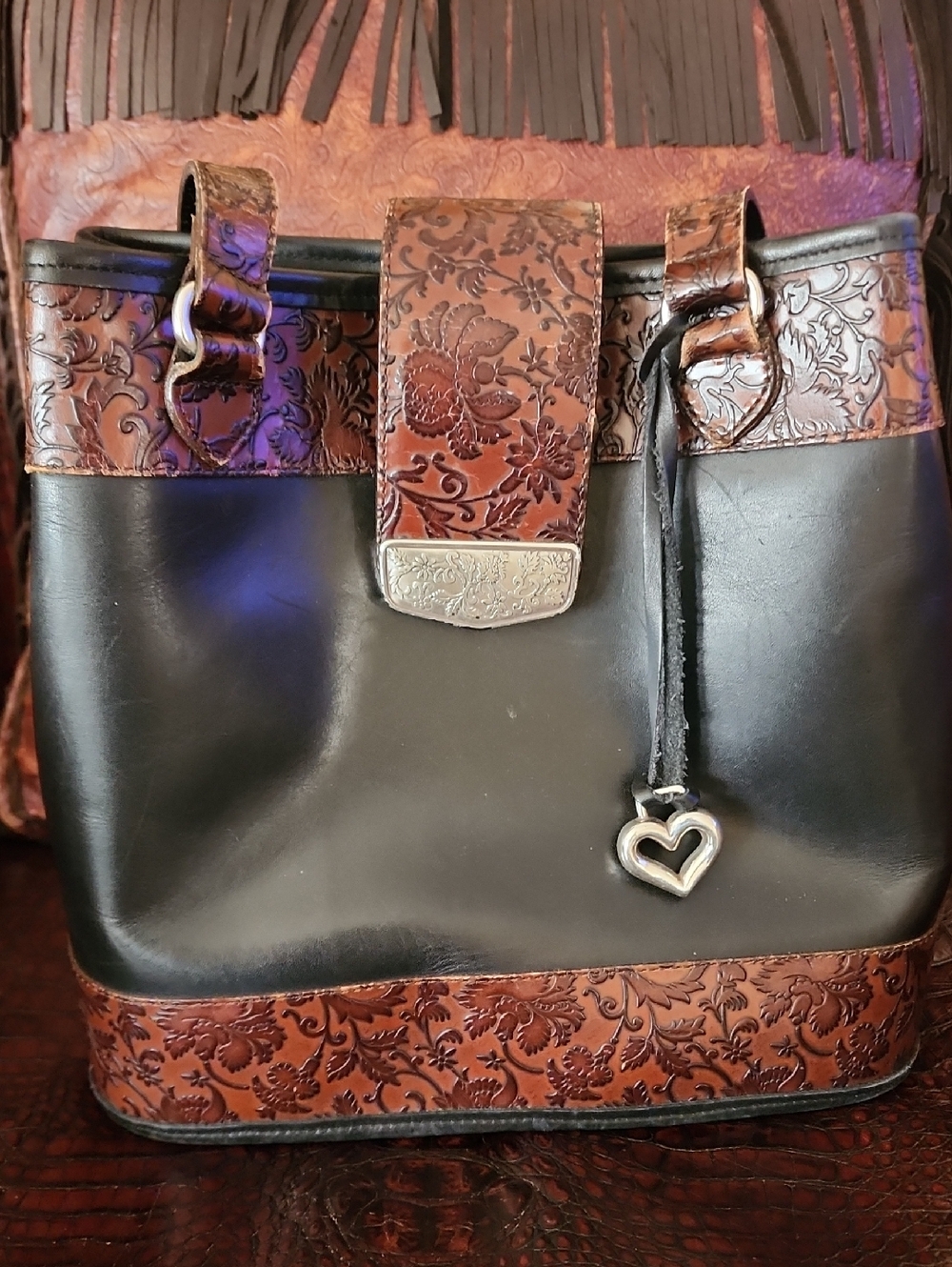 Brighton Black and Brown Floral-Embossed Leather Purse